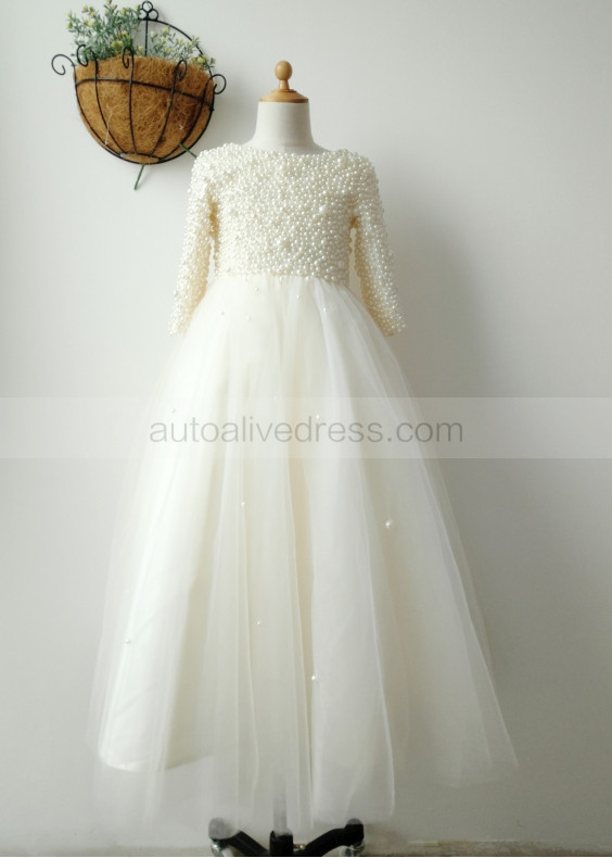 Pearl Beaded Champagne Tulle Floor Length Flower Girl Dress